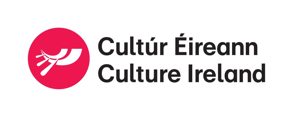 ID: white background, red circle logo with abstract white logo of currach cut out
Black text reads: Cultúr Éireann / Culture Ireland